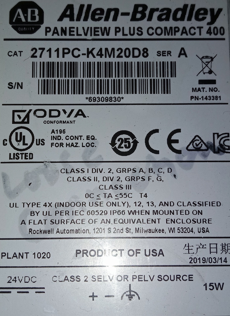 Allen Bradley Panel View Plus 2711p-k4m20d8