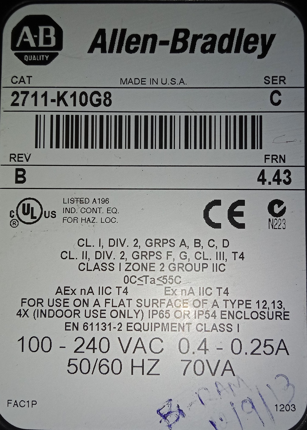 Allen Bradley Panel View 2711-k10g8