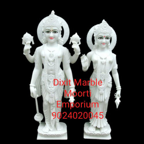 Marble Vishnu Laxmi Statue - Handmade Marble Craftsmanship | Professional Indian Temple Decor, Unique Finishing