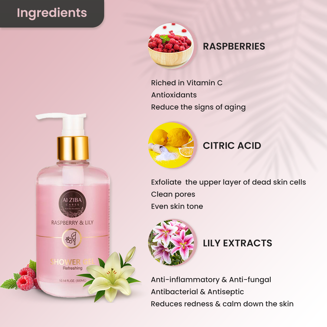 Raspberry & Lily Refreshing Shower Gel - 300ml | Herbal Liquid, Smooth Texture, 24 Months Shelf Life, Enhances Skin Smoothness And Tone