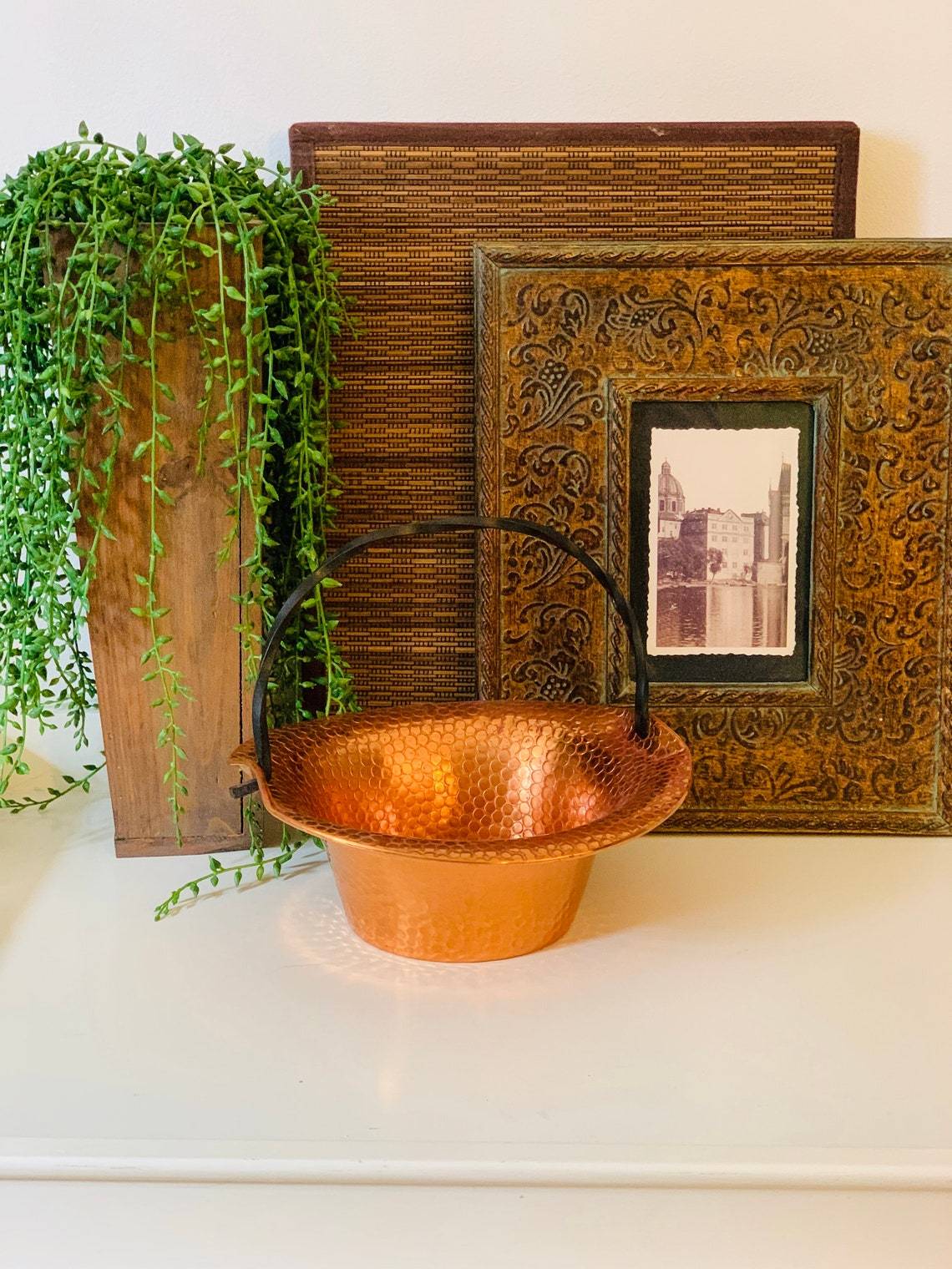 Brass Hammered Basket Shaped Planter With Handle