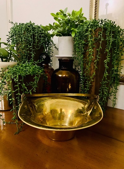 Brass Hammered Basket Shaped Planter With Handle
