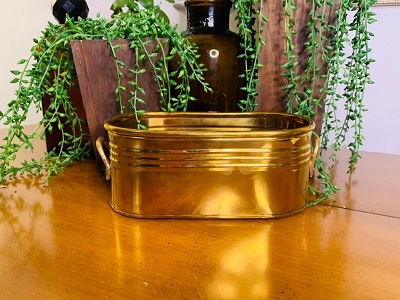 Brass Hammered Basket Shaped Planter With Handle
