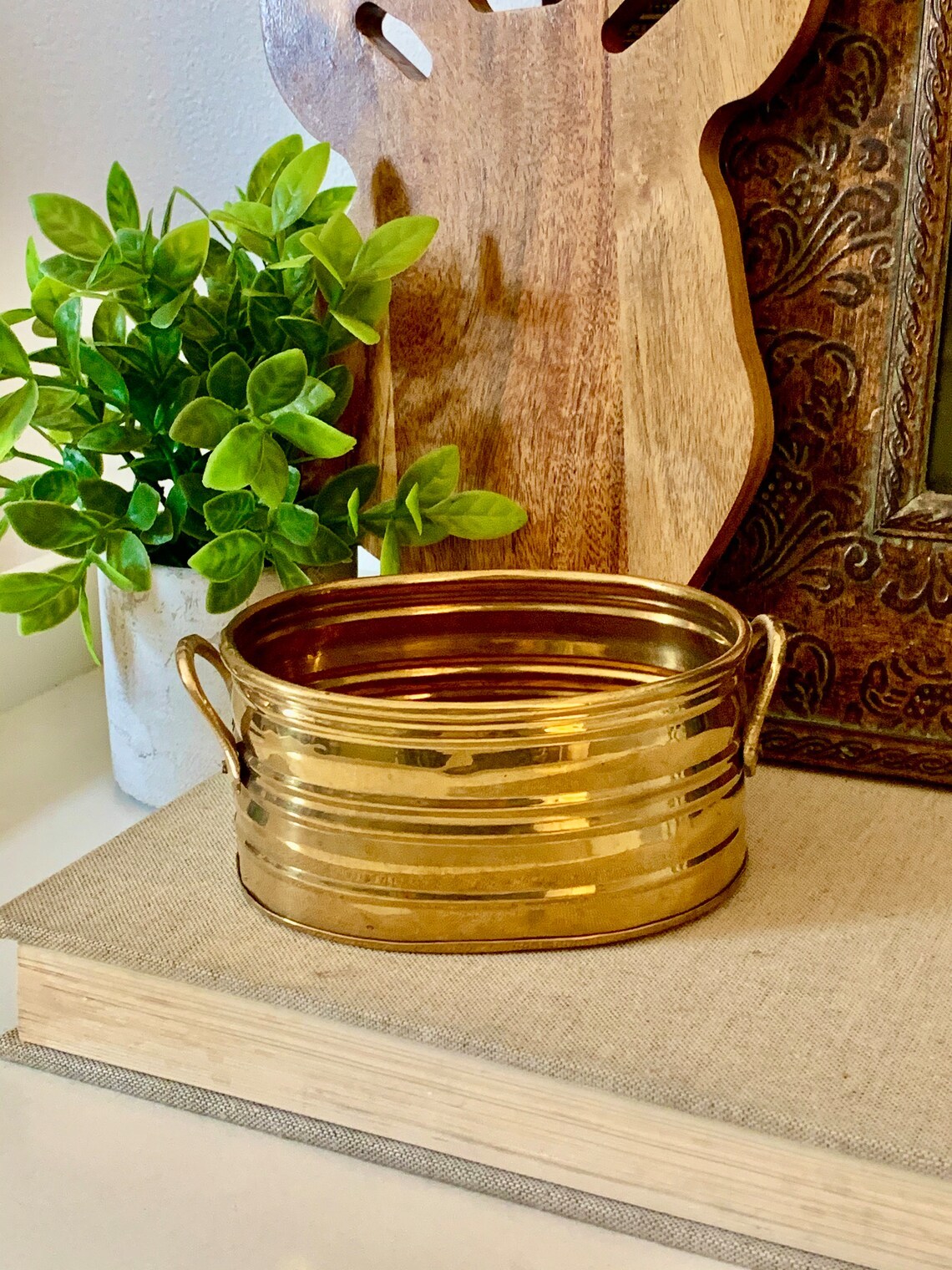 Brass Hammered Basket Shaped Planter With Handle