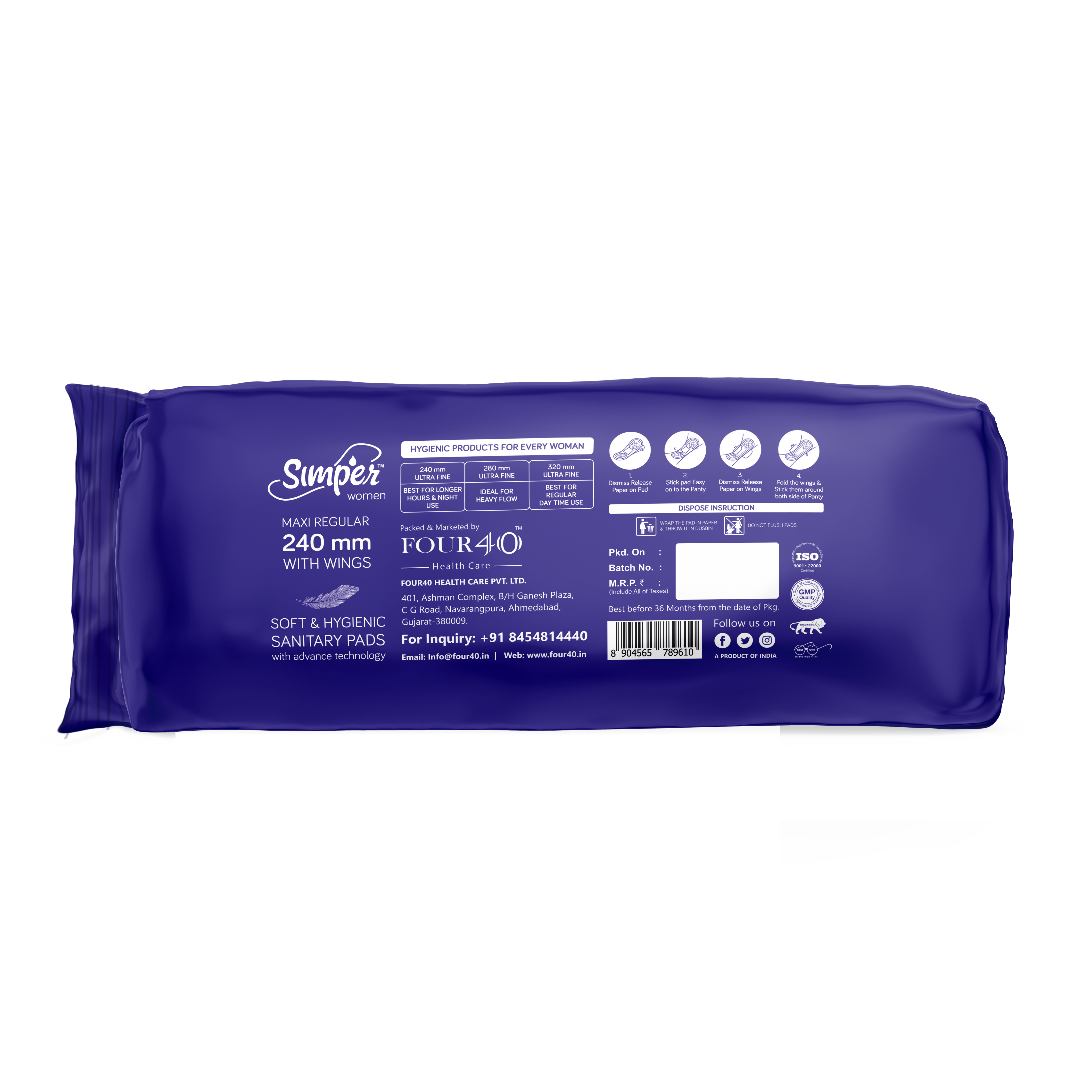 Simper Maxi Regular - Cotton, 240mm Size, Blue Color | High Absorption, 3d Leak Protection, Disposable, 8 Pads