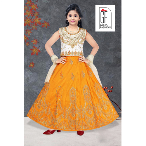 Embroidered Girls Mustard Color Kali Lehenga