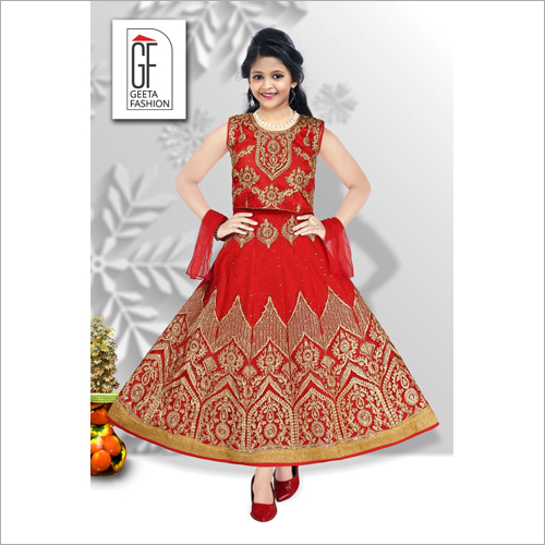 Washable Girls Red Color Kali Lehenga