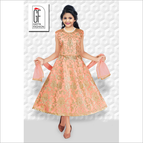 Washable Girls Peach Color Kali Lehenga