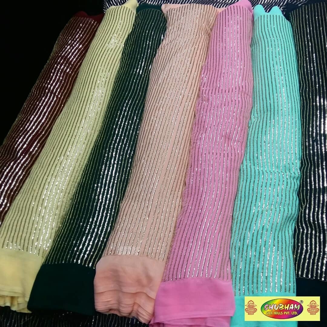 Georgette Sequence Fabric - 100cm Length, 44 Inch Width | Washable, Embroidered, Light & Dark Colors, Multipurpose Use