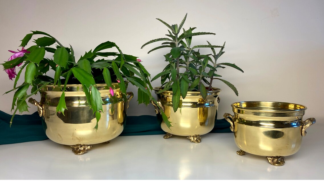 Pair Of Vintage Solid Brass Texture Planter