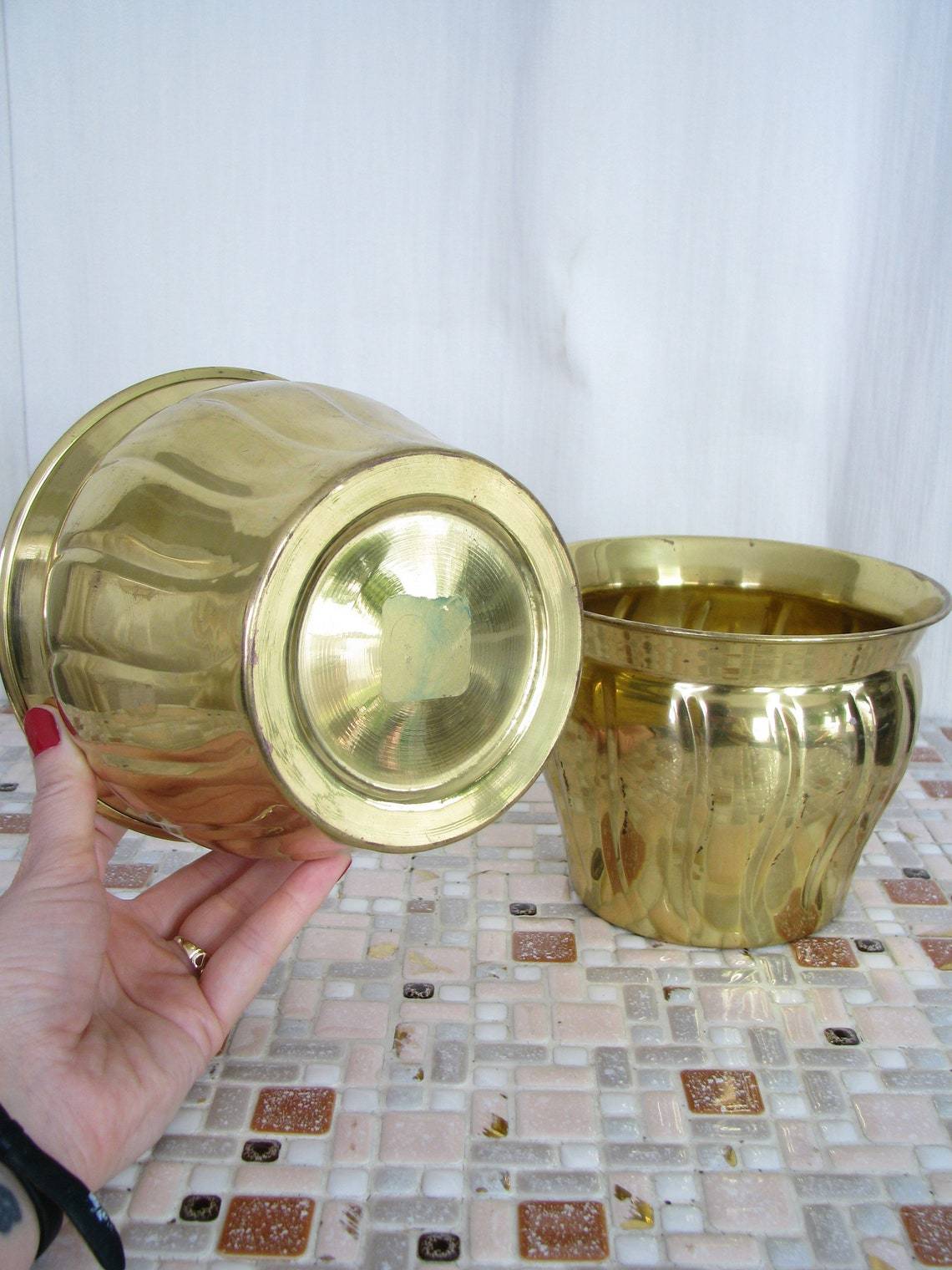 Pair Of Vintage Solid Brass Texture Planter