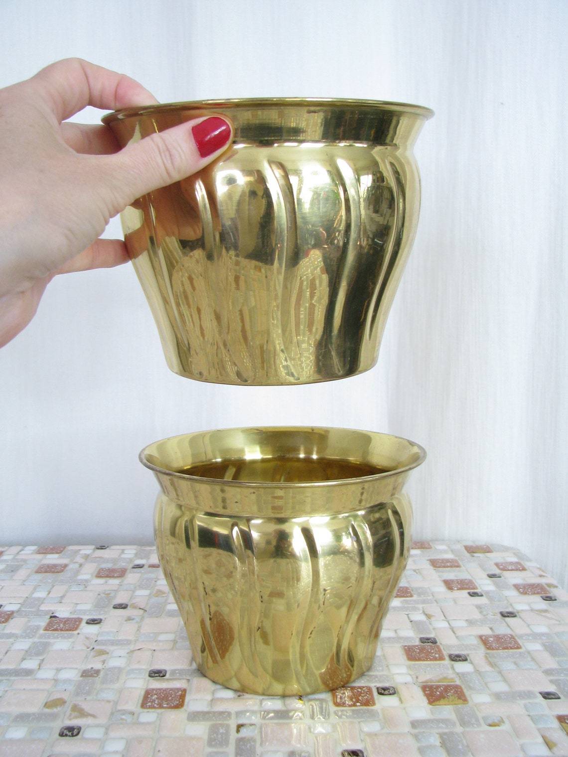 Vintage Swiss Solid Brass Bowl Shaped Planter With Handle