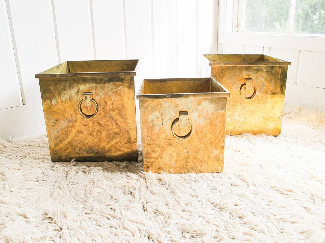 Brass Square Shaped Planter With Two Handle Set Of Three