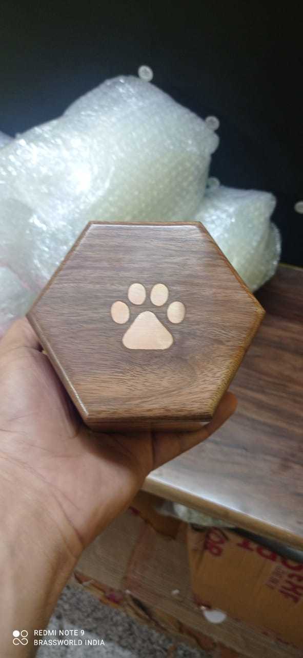 Hexagon Shaped Pet Paw Printed Wood Cremation Urn