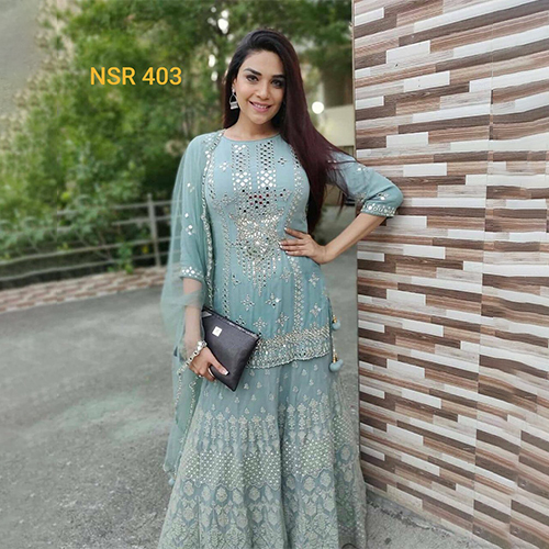 जॉर्जेट मिरर हैंड वर्क फुल स्लीव एथनिक ड्रेस