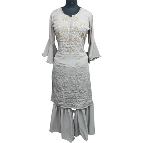 ग्रे मस्लिन कुर्ती शरारा सूट