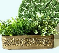Brass Hammered Planter With Bird Engraved