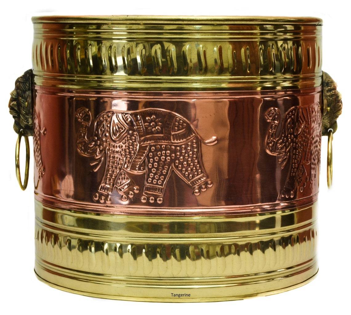 Brass Hammered Planterwith Lion Faced And Copper Elephant Engraved
