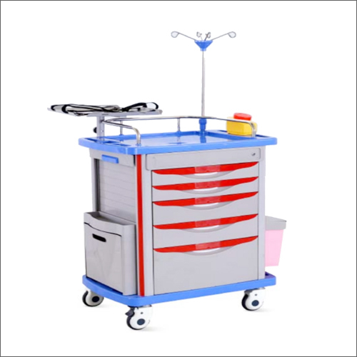 Emergency Trolley - Stainless Steel, 700 X 450 X 900 Mm | 5 Drawer Capacity, 100 Kg Load Capacity, 4 Swivel Wheels, Blue Color, 25 Kg Weight