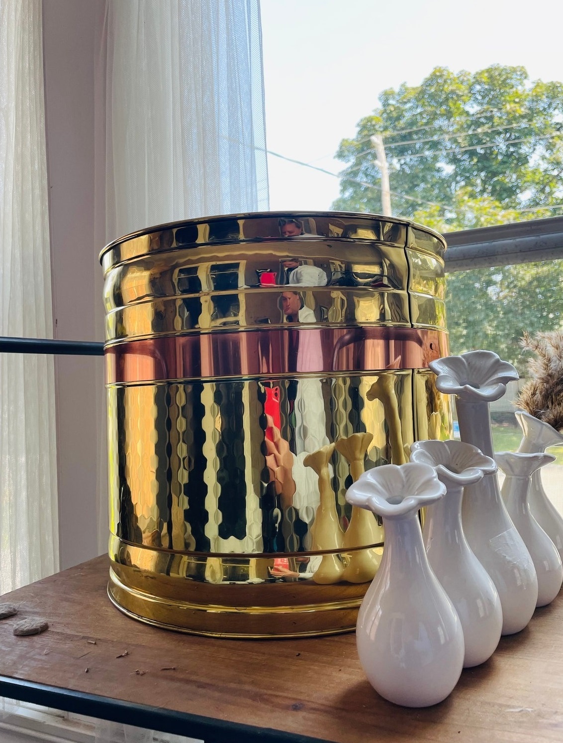 Brass Elephant Engraved With Lion Faced Handle Planter