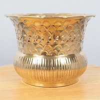 Brass Elephant Engraved With Lion Faced Handle Planter