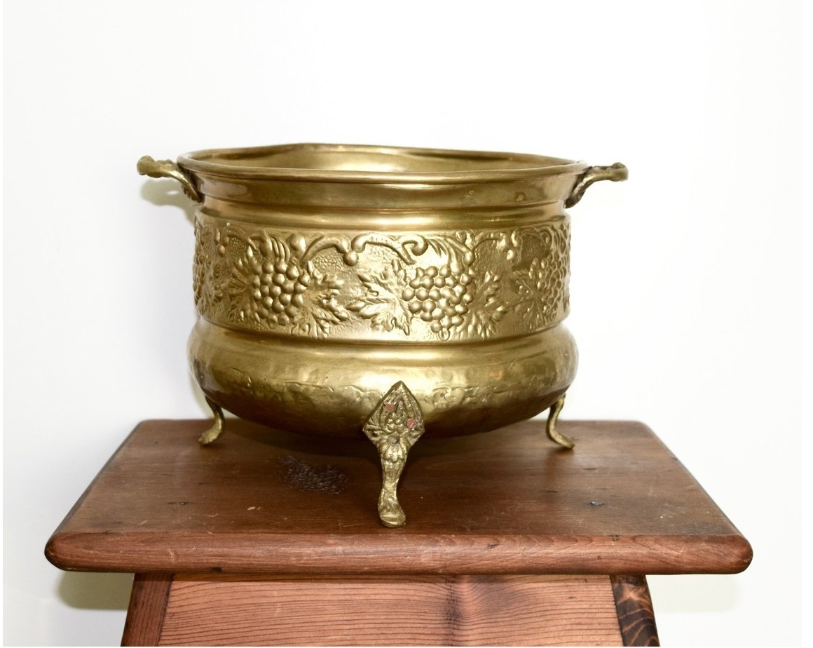 Brass Elephant Engraved With Lion Faced Handle Planter