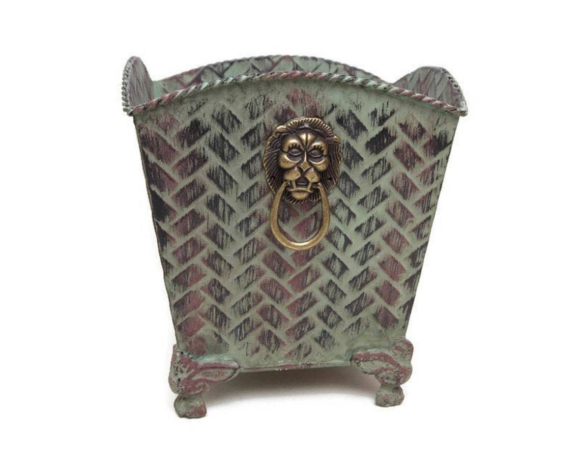 Brass Square Lion Faced Handle With Footed Planter
