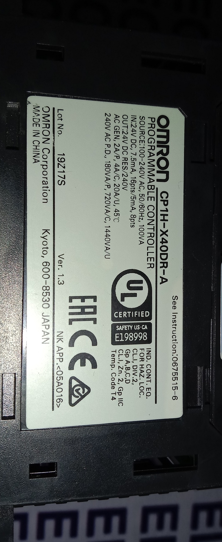 Omron Programmable Controller Cp1h-x40dr-a