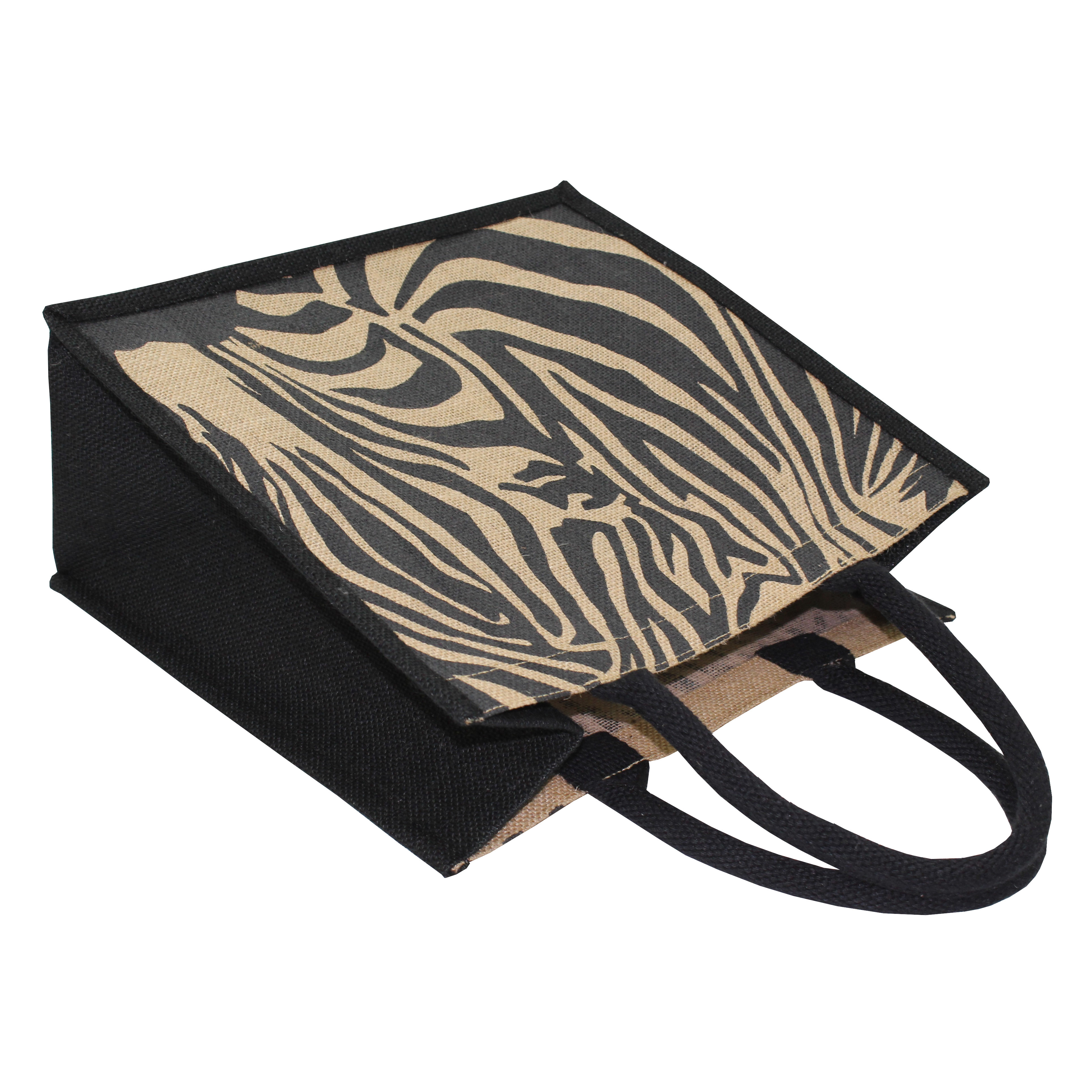 Jute Shopping Bag - 30x30x15 Cm, Zebra Print With Padded Rope Handle, Eco-friendly And Reusable