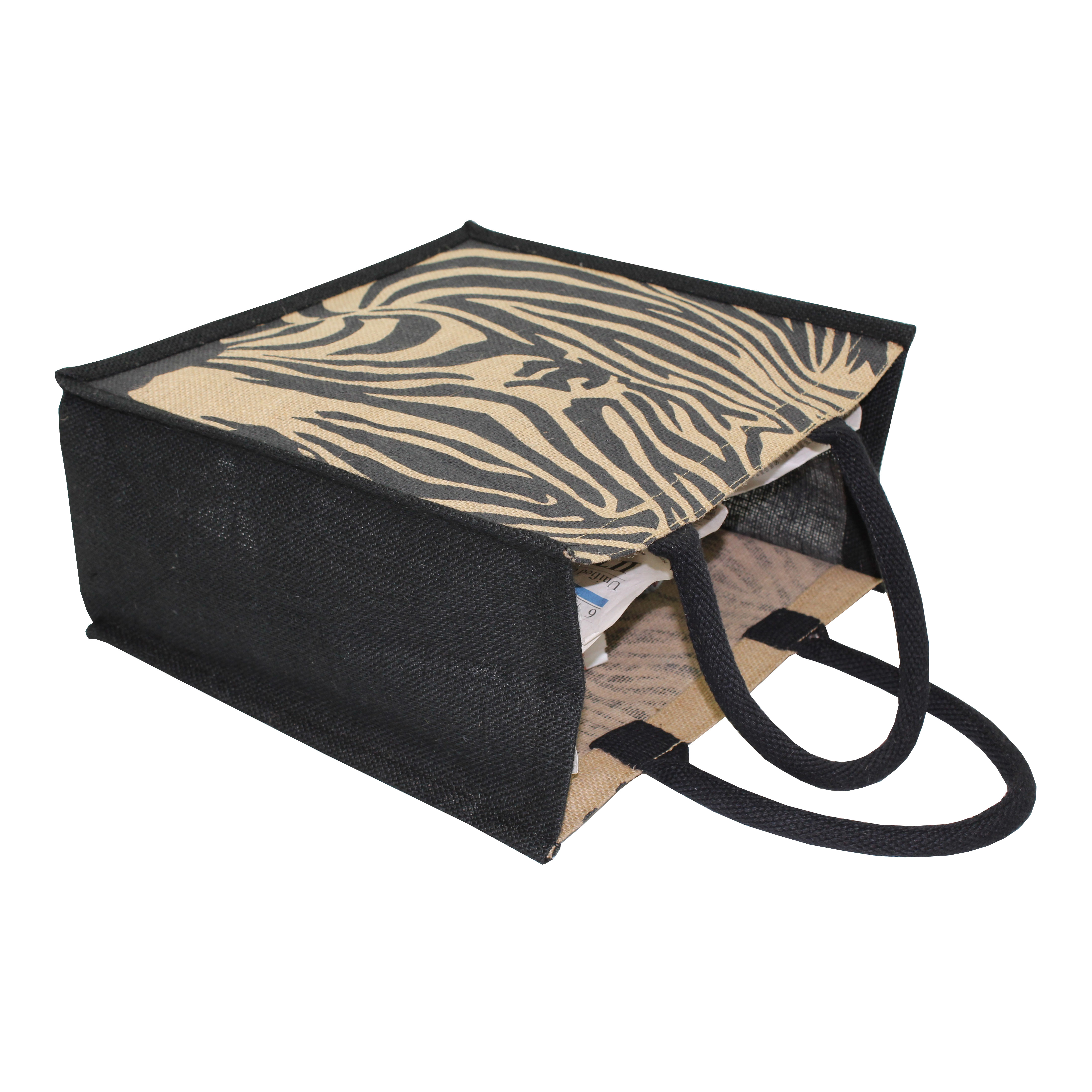 Jute Shopping Bag - 30x30x15 Cm, Zebra Print With Padded Rope Handle, Eco-friendly And Reusable