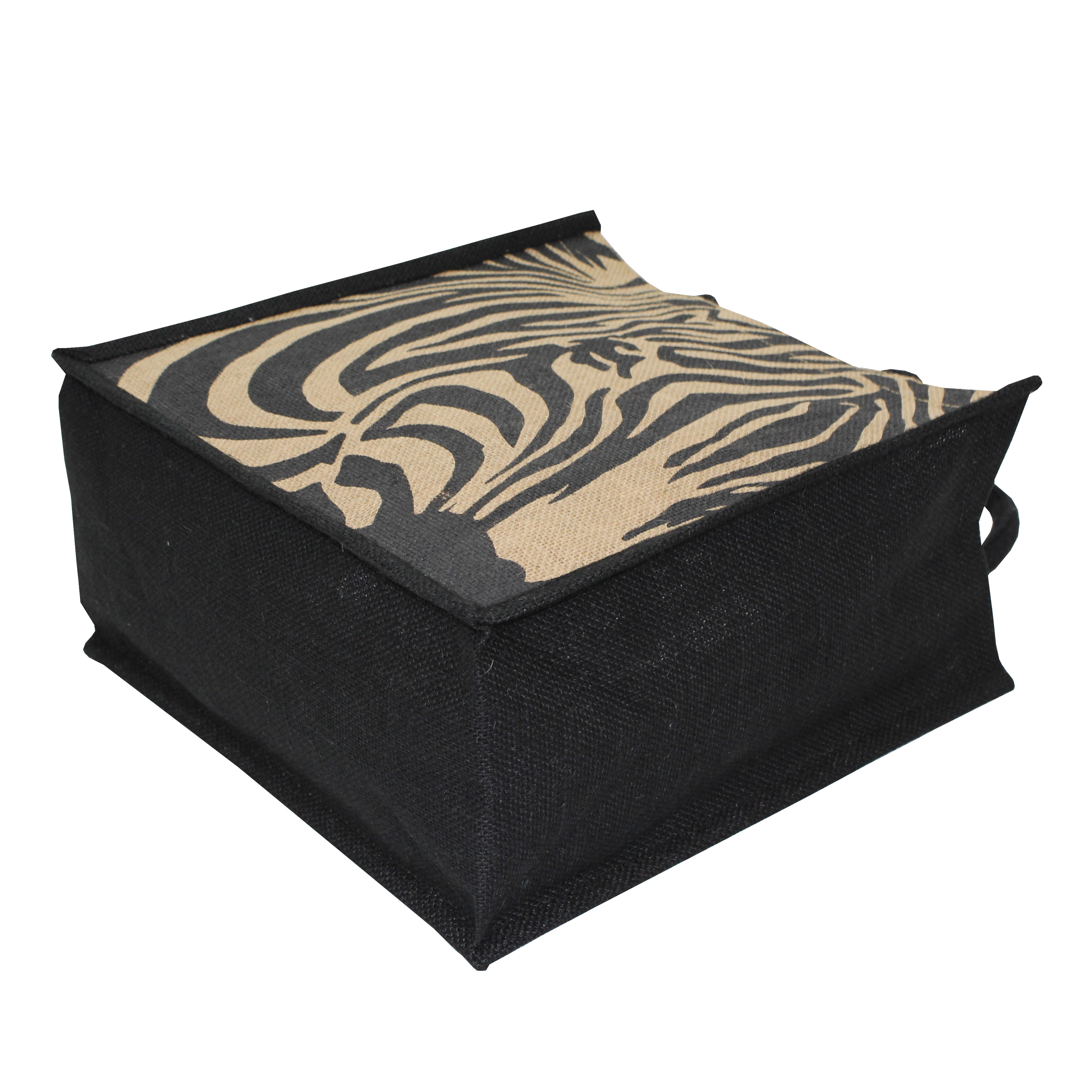 Jute Shopping Bag - 30x30x15 Cm, Zebra Print With Padded Rope Handle, Eco-friendly And Reusable