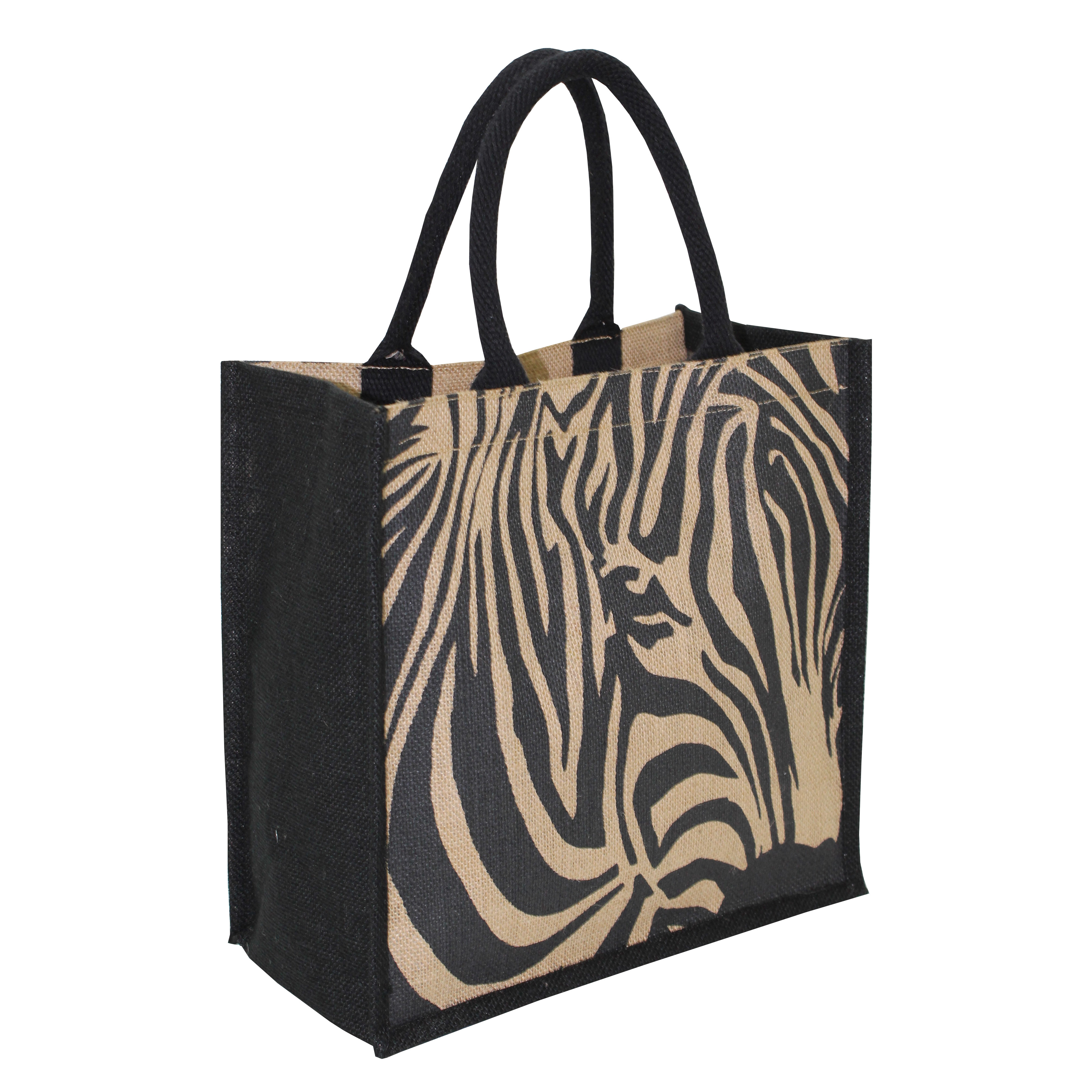 Jute Shopping Bag - 30x30x15 Cm, Zebra Print With Padded Rope Handle, Eco-friendly And Reusable