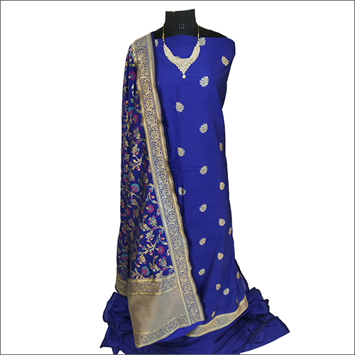 नीला सुनहरा बिना सिला हुआ बनारसी रेशमी सूट