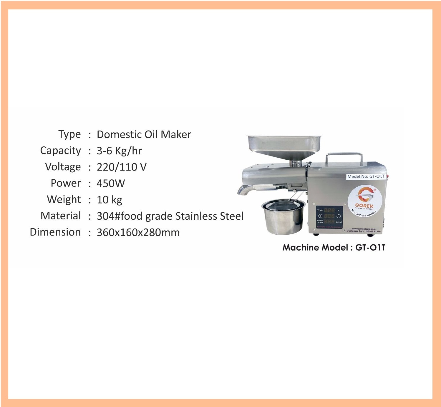Mini Oil Maker Machine - Stainless Steel 304, 36x16x28 Cm, Silver | Automatic Extractor With 1 Year Warranty, 450w Power, Production Capacity 3-6 Kg
