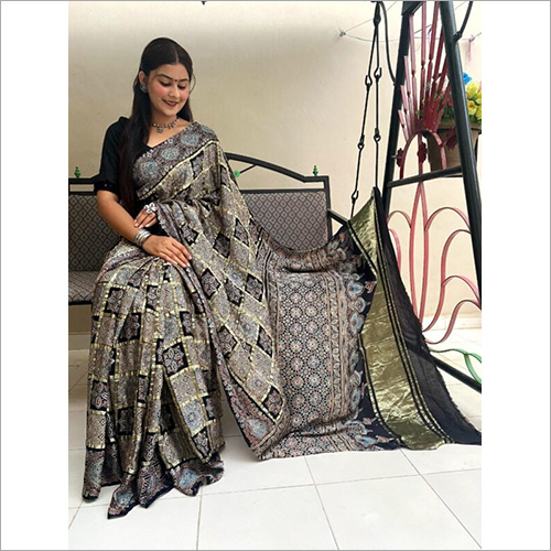 Ladies Gharchola Ajrakh Saree - Silk Fabric, Vibrant Color Options | Elegant Design for Festivals and Casual Gatherings