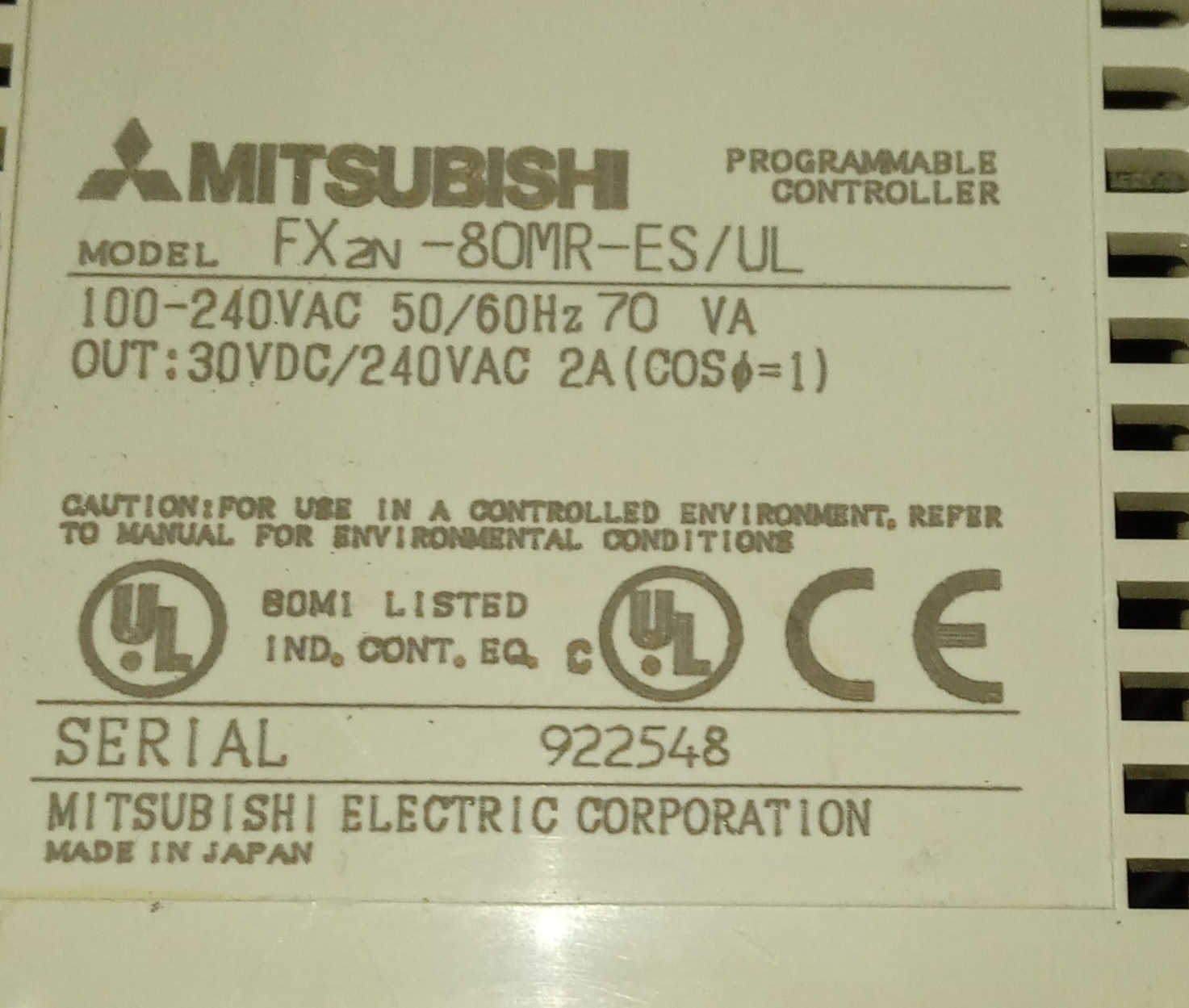 Mitsubishi Programmable Controller Fx2n-80mr-es/ul