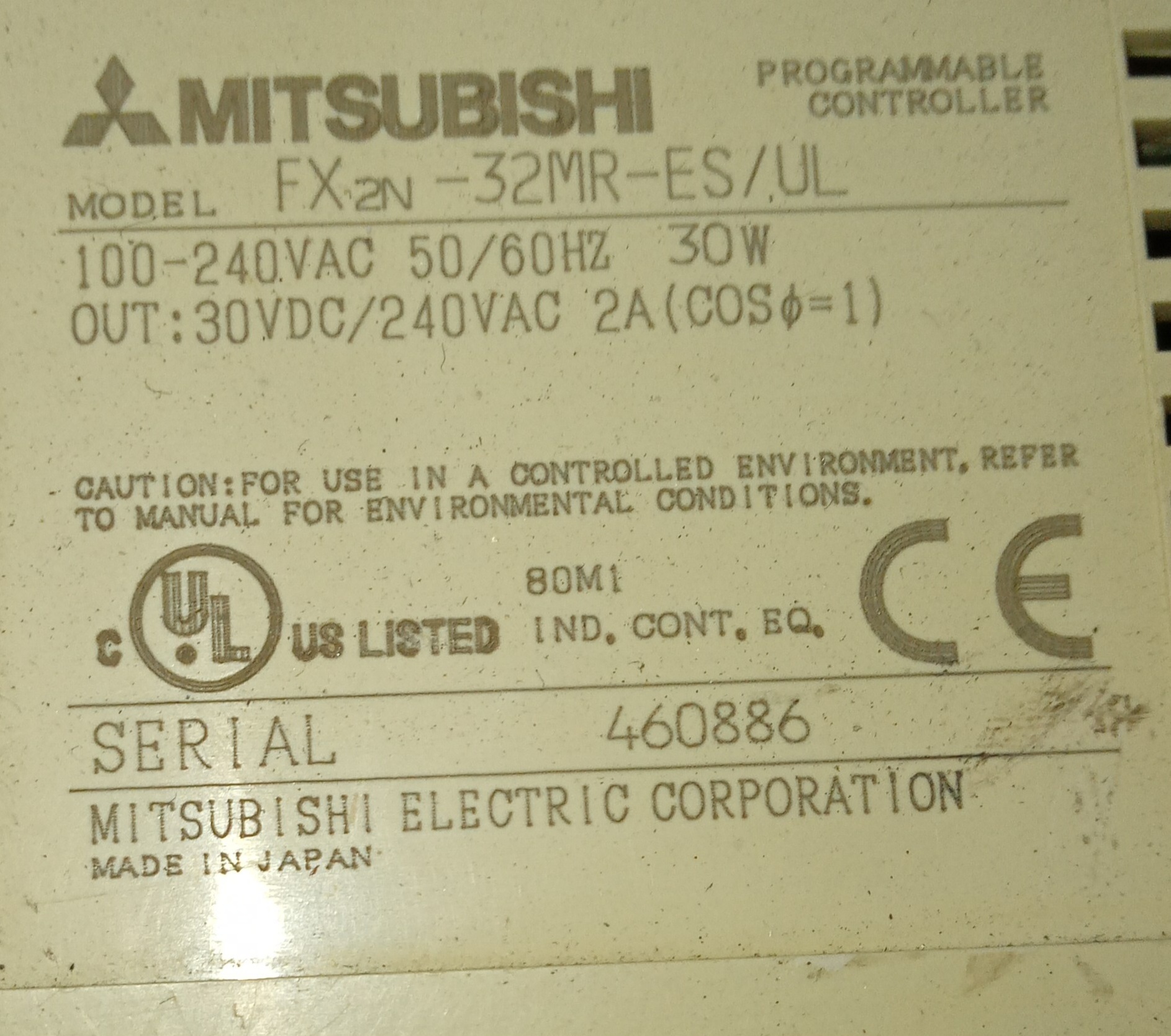 Mitsubishi Programmable Controller Fx2n-32mr-es/ul