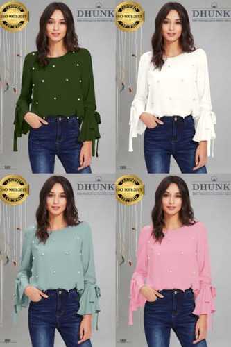 Dhunki Ladies Fancy Tops - Heavy Georgette, 23-24 Inch Length, M(38)/XL(42) Size, 4 Colors Available - Full Stitched with Bell Shape Designer Sleeves, Pearl Studded Front