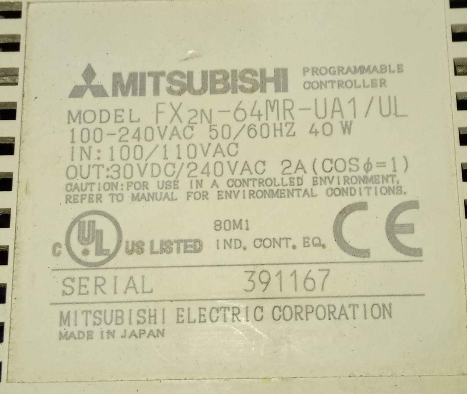 Mitsubishi Programmable Controller Fx2n-64mr-ua1/ul