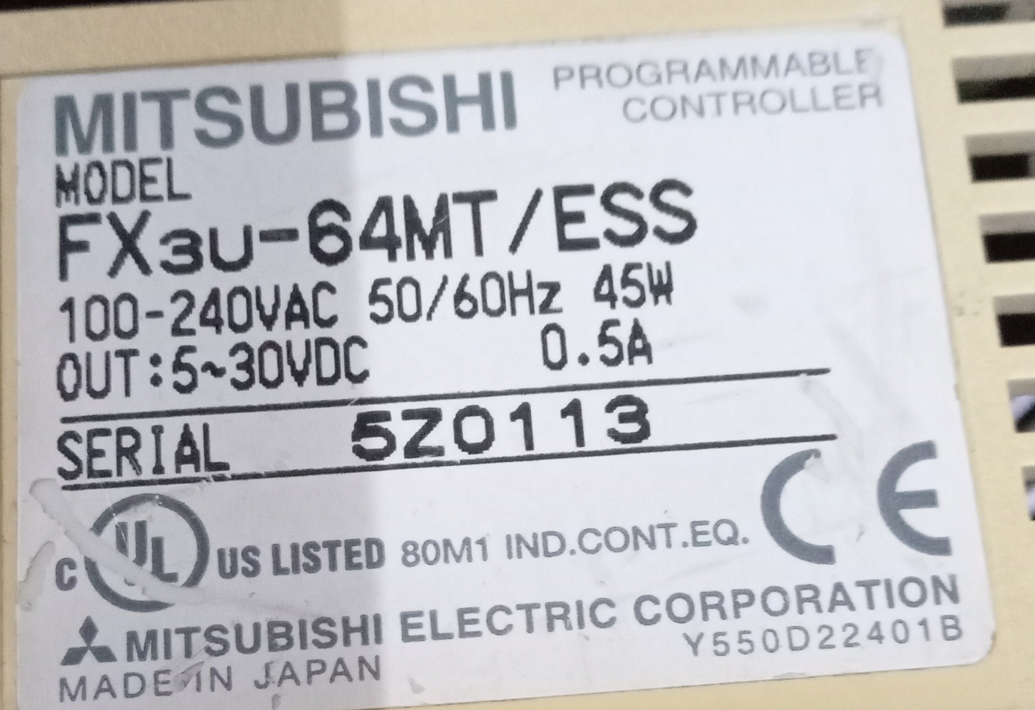 Mitsubishi Programmable Controller Fx3u-64mt/ess