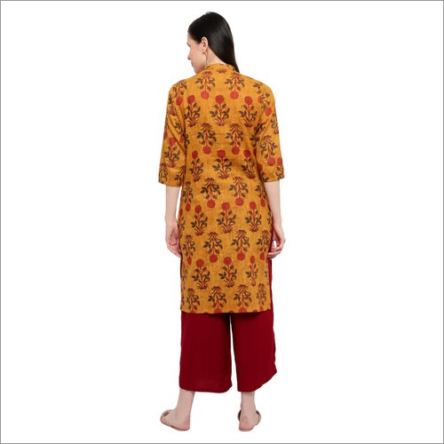 Elan Hive Mustard Rayon Kurti - Rayon, 3/4th Sleeves, Mustard Yellow | Quick Dry, Washable, Elegant Embroidery For Traditional Occasions