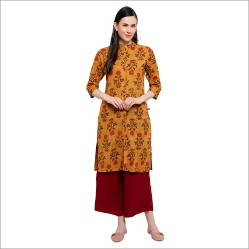 Elan Hive Mustard Rayon Kurti - Rayon, 3/4th Sleeves, Mustard Yellow | Quick Dry, Washable, Elegant Embroidery For Traditional Occasions