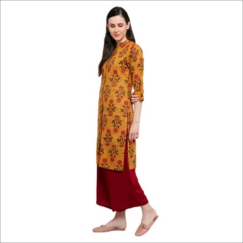 Elan Hive Mustard Rayon Kurti - Rayon, 3/4th Sleeves, Mustard Yellow | Quick Dry, Washable, Elegant Embroidery For Traditional Occasions