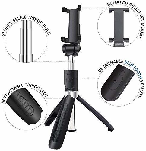 Black R1 3-in-1 Multifunctional Extendable Bluetooth Selfie Stick Tripod With Detachable Wireless Remote