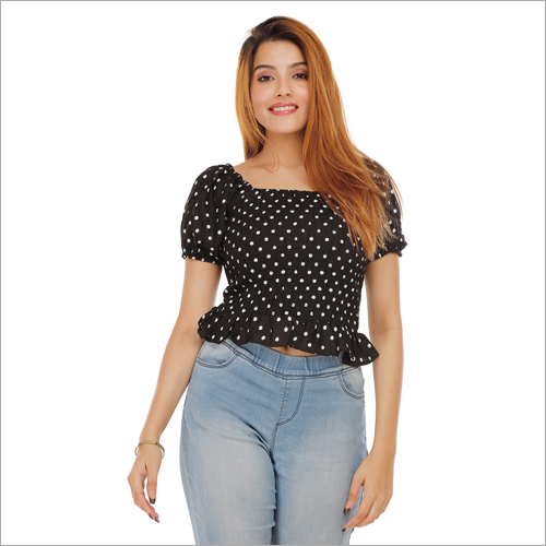 Ladies Polka Dot Short Top - Rayon, Sizes XS to L (Bust: 34-40 in, Length: 16 in) | Black Color, Printed, Short Sleeves, Perfect for Summer Styling