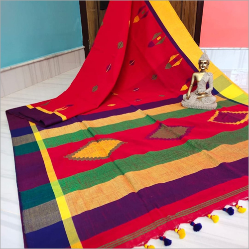 Handloom Designer Saree - Multicolor Lightweight Cotton Blend | Casual Wear for All Seasons, Plain Pattern