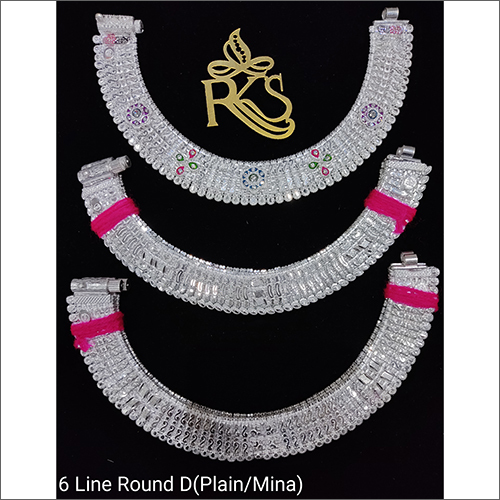 6 Line Round D Silver Anklets