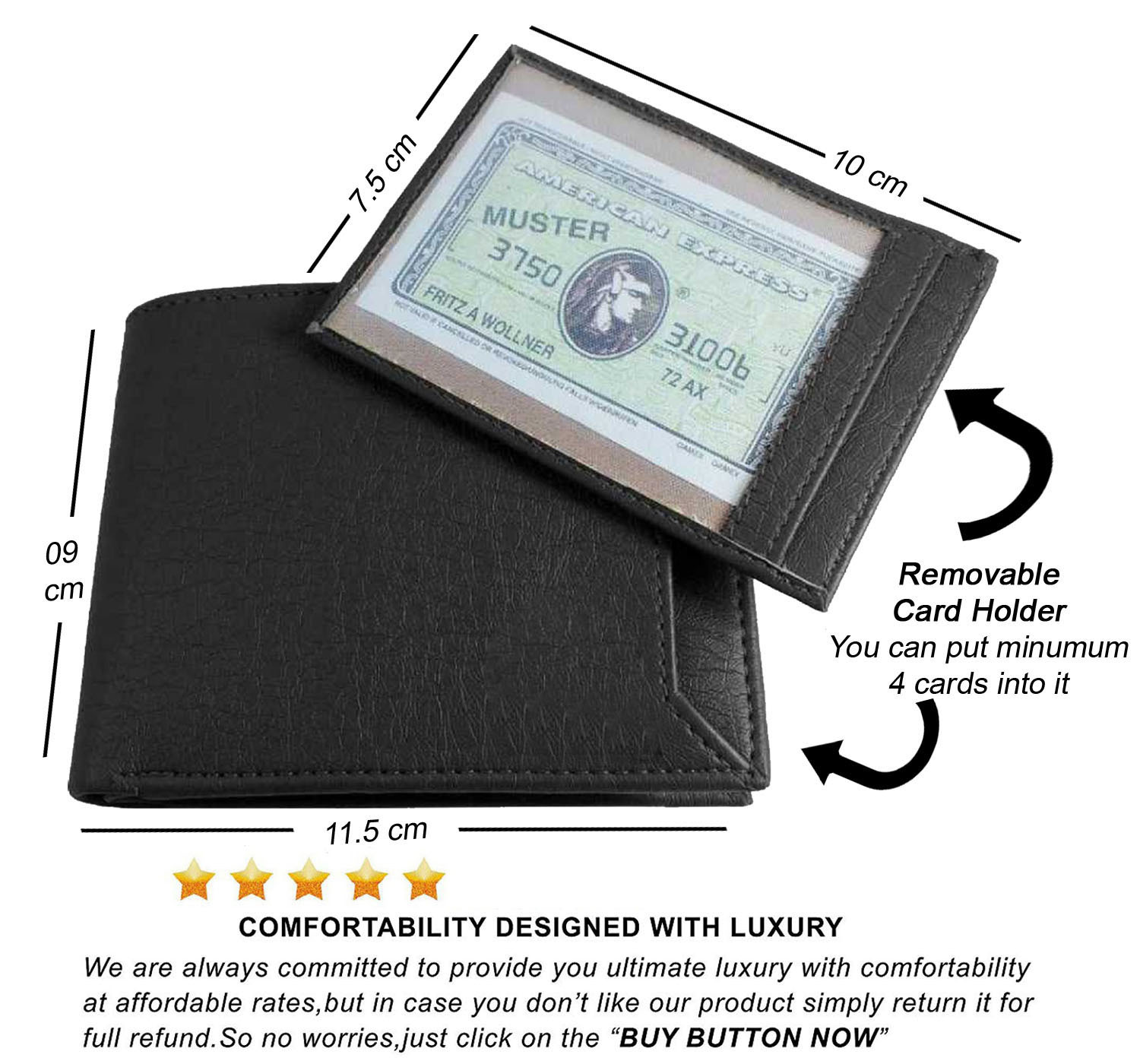 Gents Leather Wallet - 11.5 X 9 X 1 Cm | Bi-fold Design, 2 Cash Compartments, 7 Card Slots, Coin Pocket, Removable Cardholder With 3 Card Slots