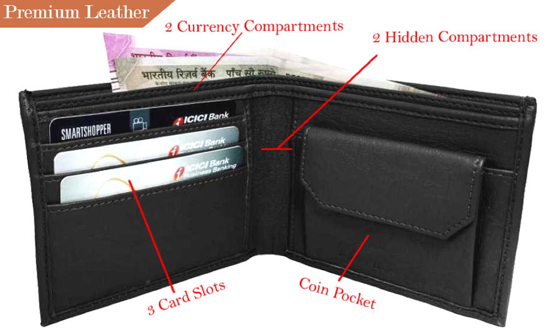 Gents Leather Wallet - 11.5 X 9 X 1 Cm | Bi-fold Design, 2 Cash Compartments, 7 Card Slots, Coin Pocket, Removable Cardholder With 3 Card Slots
