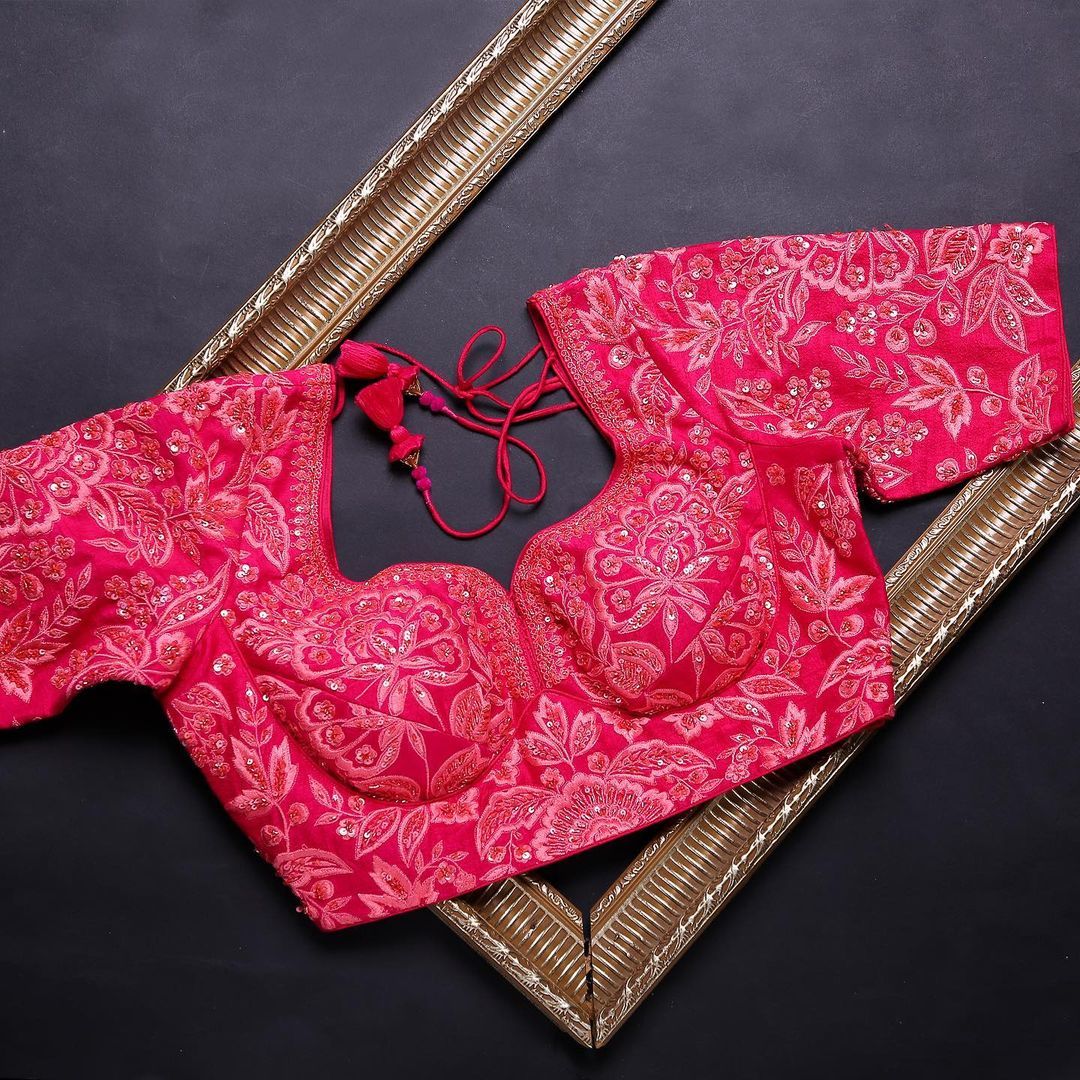 Designer Indian Organza Silk Saree - Red With Embroidered Blouse, Zari Work And Sequins Closure For Party Wear